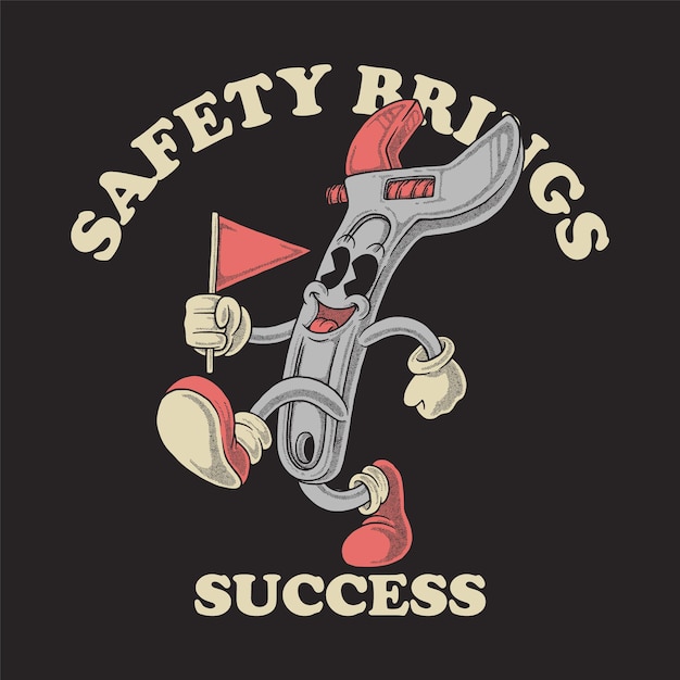 A cartoon character with a red flag that says safety brings success.