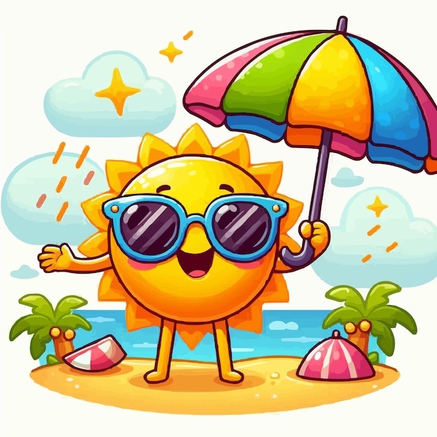 a cartoon character with sunglasses and a rainbow umbrella