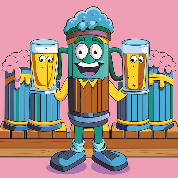 Vector a cartoon character with two glasses of beer and a mug of beer