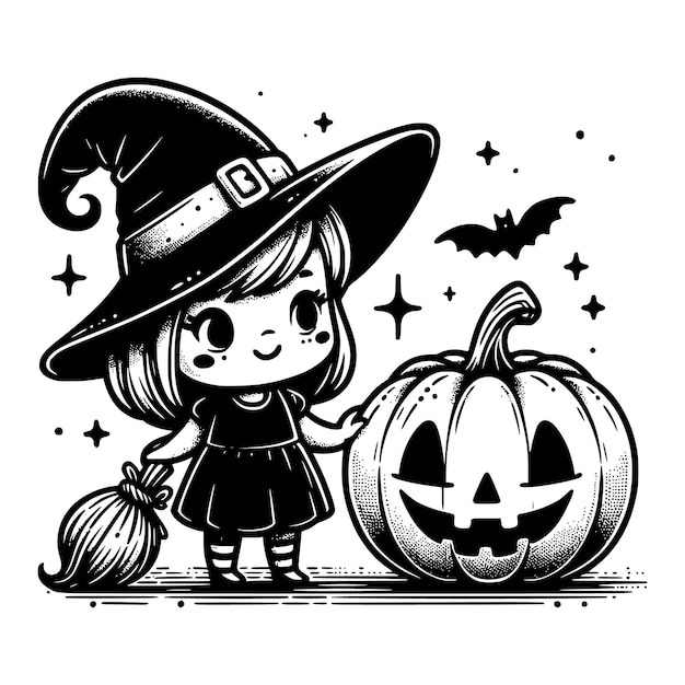 a cartoon character with a witch wearing hat and a pumpkin