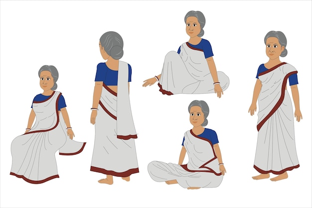 A cartoon character of a woman in a blue saree