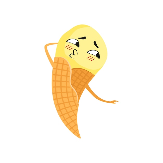 Cartoon character of yellow ice-cream in waffle cone. Tasty frozen dessert with cute face and little hands. Element for postcard or advertising poster. Flat vector icon isolated on white background.