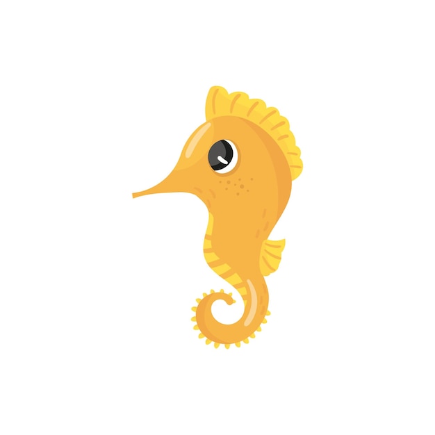 Cartoon character of yellow seahorse Tropical sea creature Small marine fish with curled tail Concept of ocean wildlife Side view Colorful flat vector icon