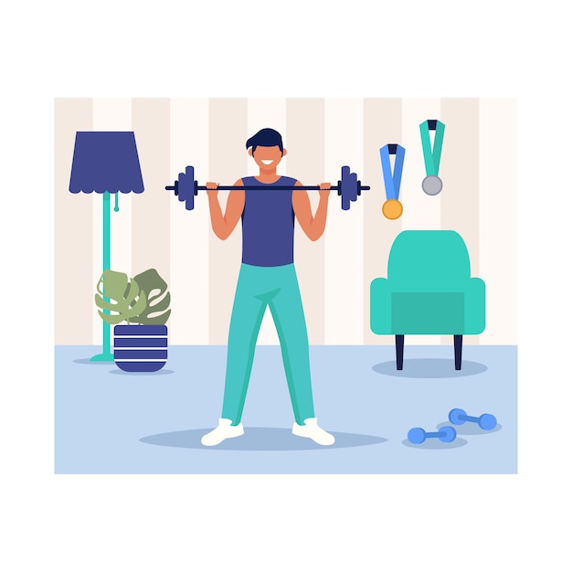 Cartoon character of young strong man lifting barbell at home