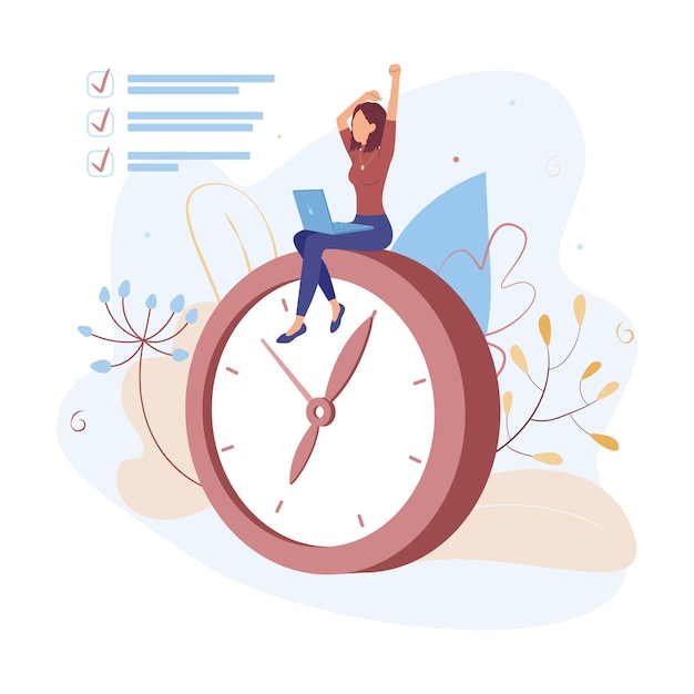 Vector cartoon character of young woman showing good time management efficiency when working