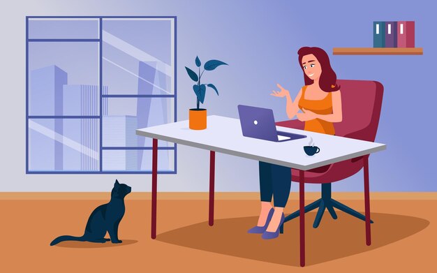 Cartoon character of young woman working on laptop from home