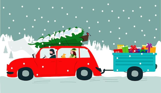 Cartoon characters are driving in a red car, carrying a Christmas tree and a trailer with gifts.