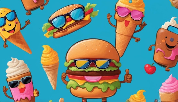 Vector cartoon characters featuring a vintage mascot of a burger with french fries on a skateboard a cheer