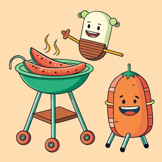 Vector cartoon characters of food items grilling watermelon on a bbq