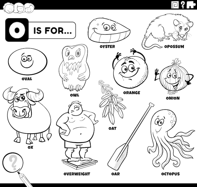 cartoon characters and objects set for letter O coloring book page