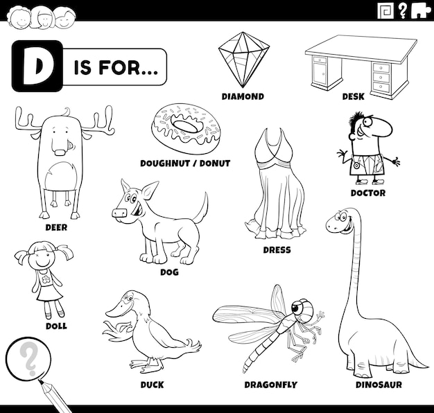 cartoon characters and objects starting with letter D set coloring book page