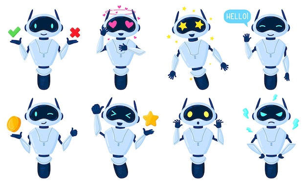 Cartoon chat bot characters online virtual assistant mascot Artificial intelligence service machine friendly personal assistant vector illustration set Chat bot character with different feelings