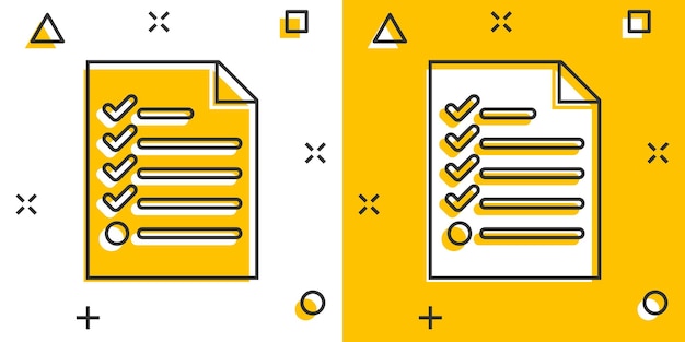 Cartoon checklist icon in comic style Document check illustration pictogram Diagram graph sign splash business concept