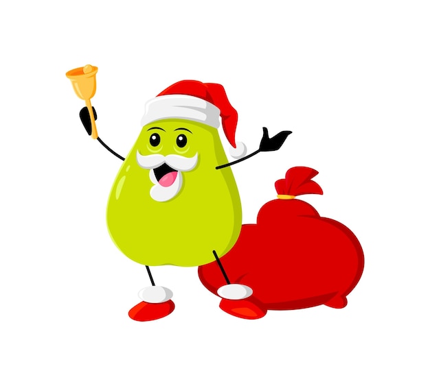 Cartoon cheerful Christmas holiday green pear fruit character rings a bell. Isolated vector garden fruit personage wear Santa Claus hat and gifts bag joyfully knolling, celebrating Xmas holiday cheer