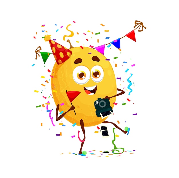 Cartoon cheerful melon fruit character on birthday party anniversary holiday celebration Holiday congratulating anniversary or birthday party comical melon fruit vector personage with photo camera