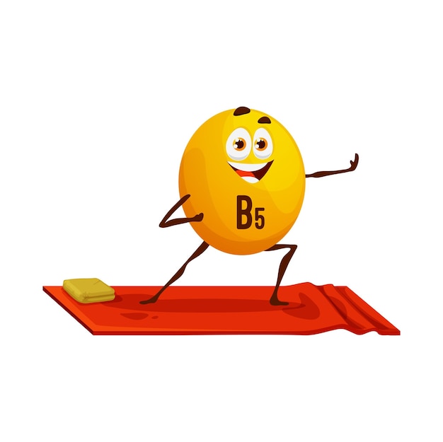 Cartoon cheerful vitamin B5 character on yoga