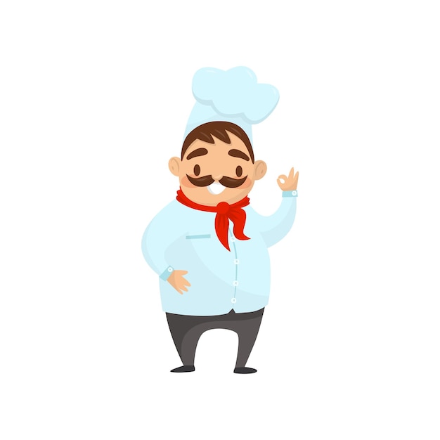 Cartoon chef character showing Ok gesture Smiling man with mustache in uniform Flat vector element for promo banner or flyer