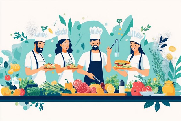 Vector a cartoon of a chef and his chefs preparing food