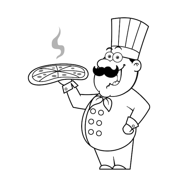 Cartoon Chef Holding Delicious Pizza Outline