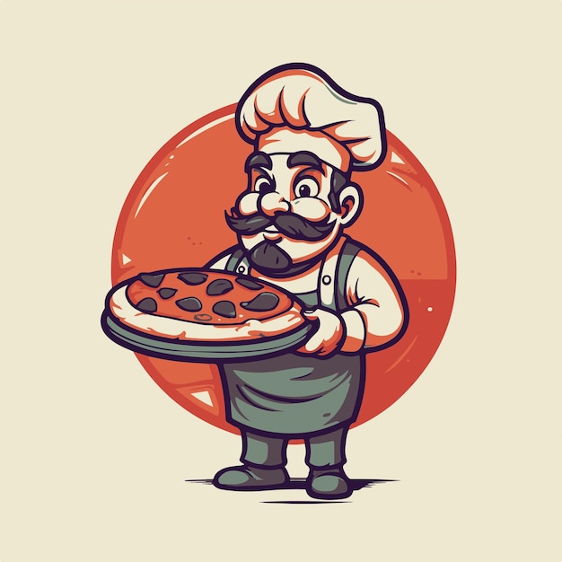 Cartoon chef holding a pizza in front of a red circle