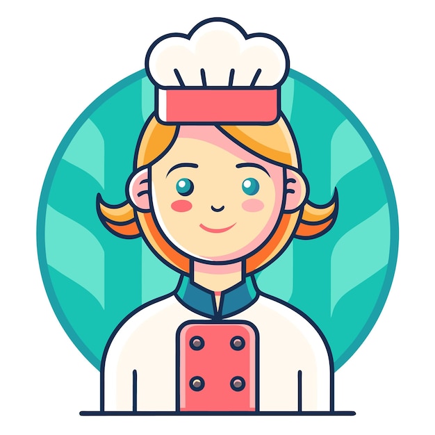 Vector a cartoon chef with a white chef hat and a pink uniform with four buttons smiling on a turquoise background