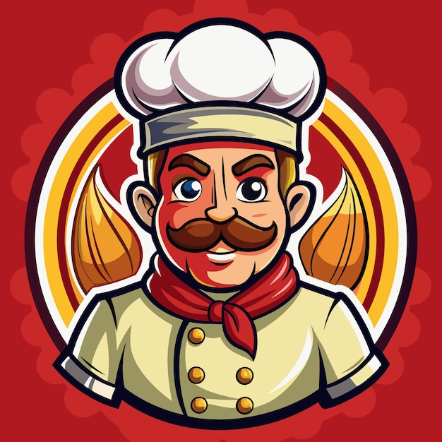 A cartoon chef with a white hat and red scarf a mustache and a smile is framed in a circle with a yellow and red background