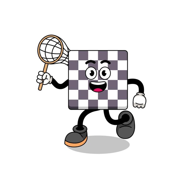 Cartoon of chessboard catching a butterfly character design