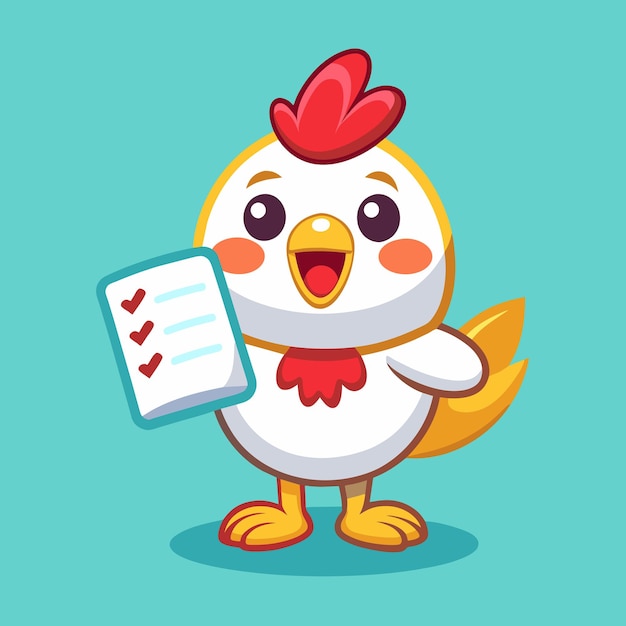 A cartoon of a chicken holding a notepad