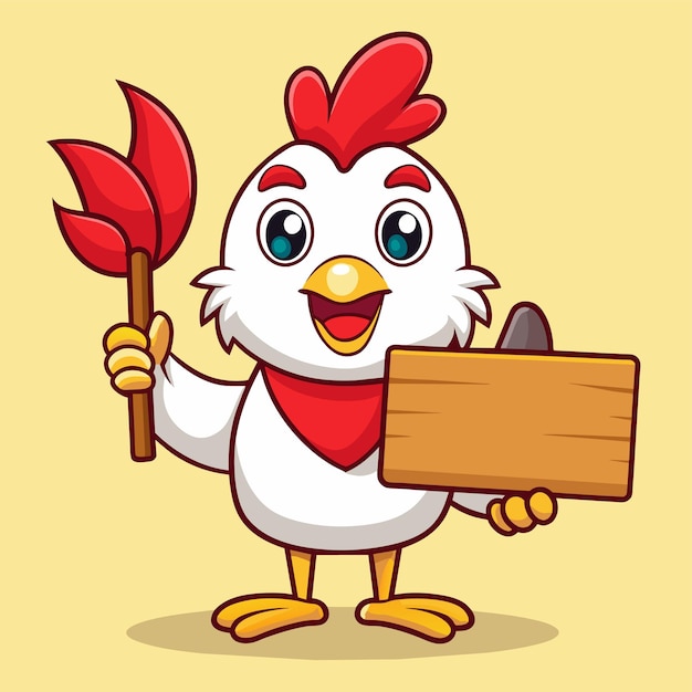 Vector a cartoon of a chicken holding a wooden sign with a wooden arrow pointing to it