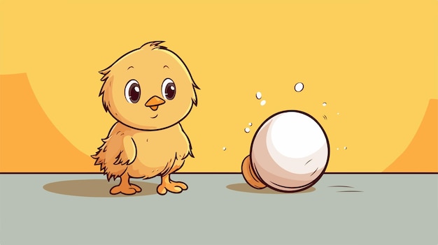 Vector a cartoon chicken looks at a white egg