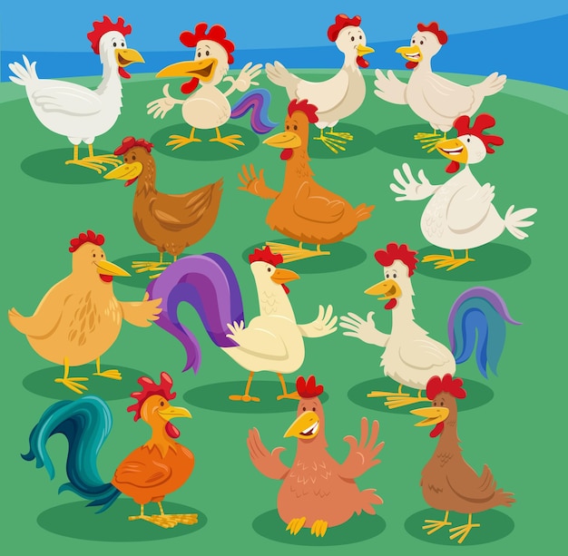 Cartoon chickens farm animals comic characters group