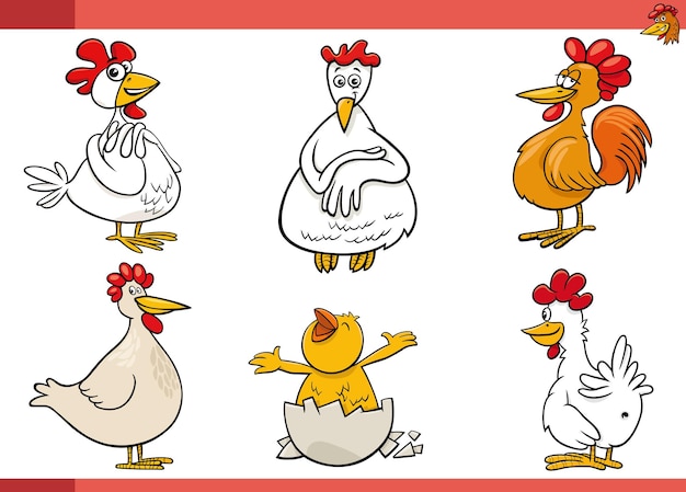 Cartoon chickens farm animals comic characters set