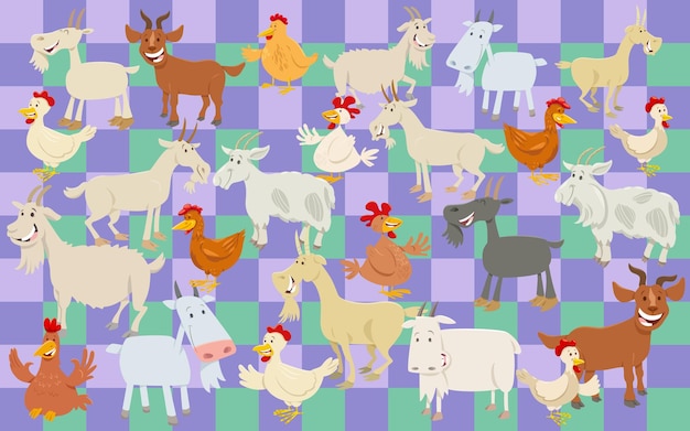 Cartoon chickens and goats set or paper pack design