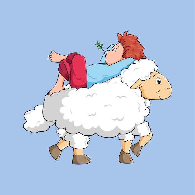 cartoon child riding a sheep