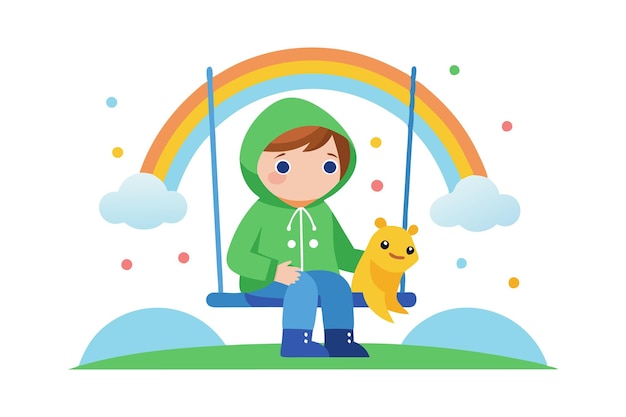 Cartoon child on swing with stuffed animal and rainbow in the background