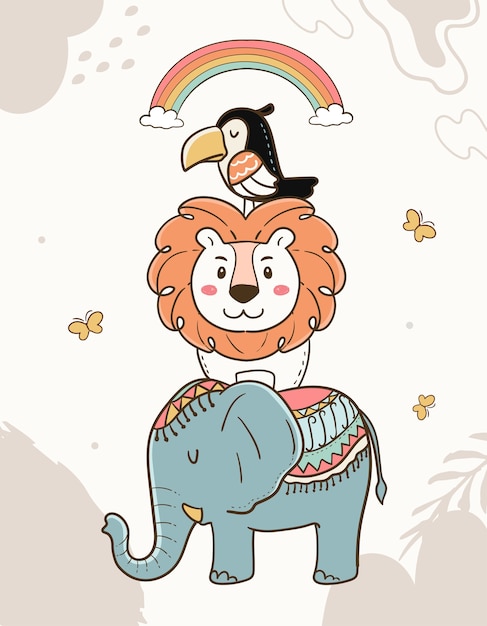 Cartoon childish animals illustration. Elephant, lion, toucan and rainbow.