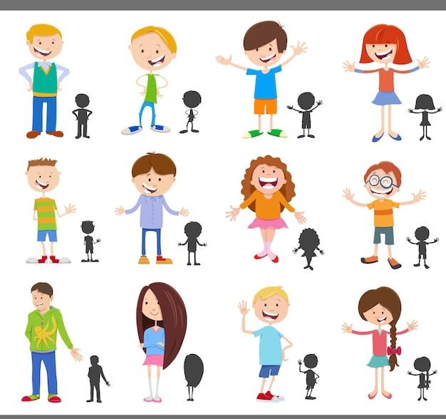 Cartoon children characters with silhouettes set