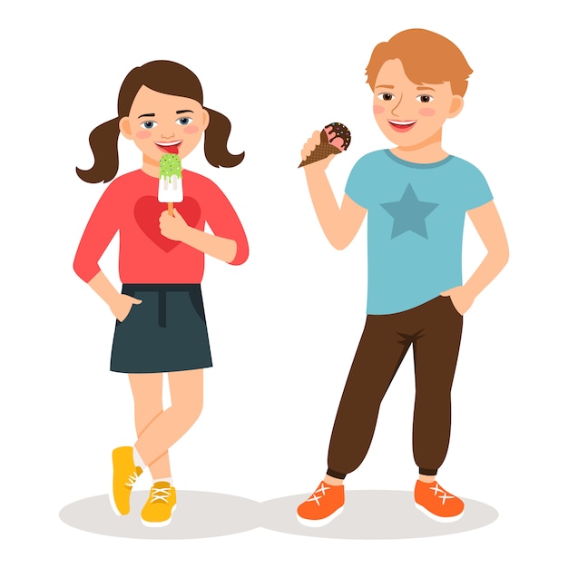 Cartoon children eating ice cream vector illustration. Cute boy and girl with sweet icecream cones isolated