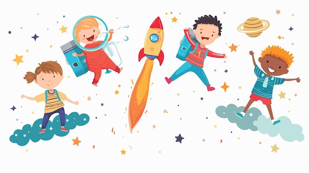 Cartoon Children Flying with Rocket Pencil in Outer Space