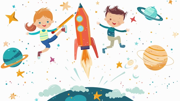 Cartoon Children Flying with Rocket Pencil in Outer Space