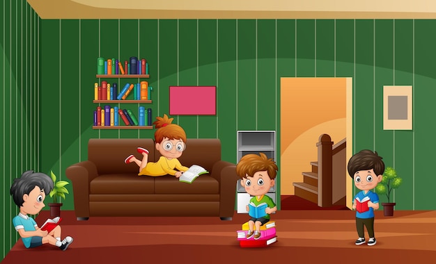 Cartoon the children learning at home