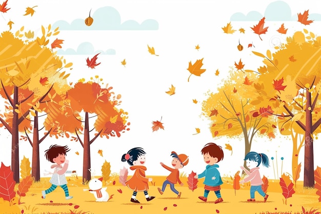 Cartoon Children Playing in the Park with Autumn Tree