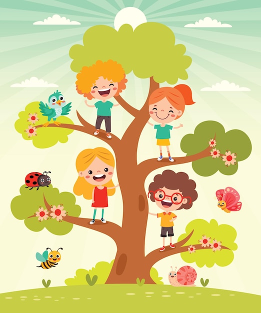 Cartoon Children Playing At Tree