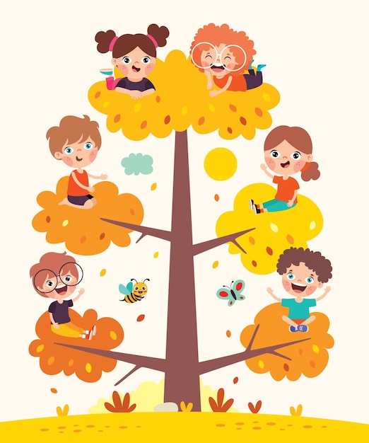 Cartoon Children Playing At Tree