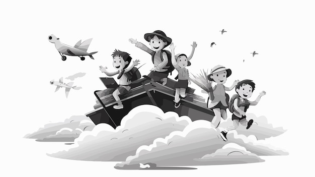 Vector a cartoon of children riding a bridge with a bird flying in the sky