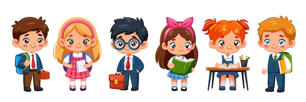 Vector cartoon children in school uniforms on white background vector illustration