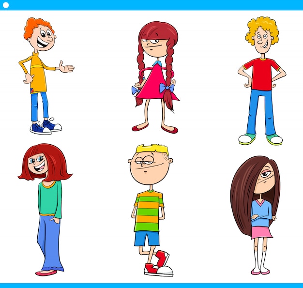 Cartoon children and teenager characters set