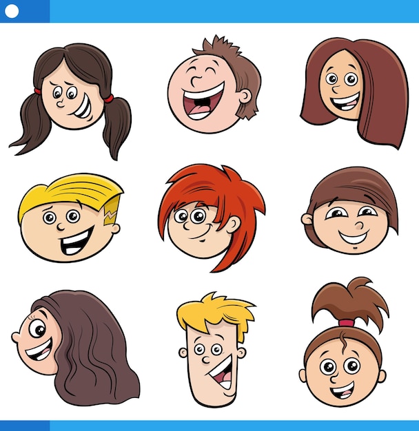 Cartoon children or teenagers characters faces set