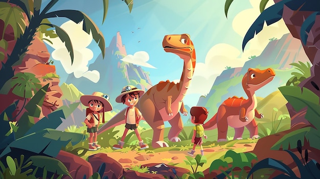 a cartoon of children walking in a jungle with a dinosaur and a dinosaur