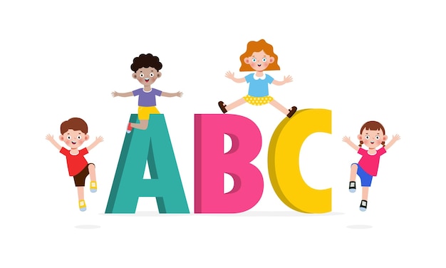 cartoon children with ABC letters School kids with ABC child with ABC letters isolated vector